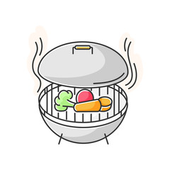 Grilling RGB color icon. Barbecue preparation process, cooking food on heated grid. Culinary method, picnic. Roasted vegetables and meat isolated vector illustration