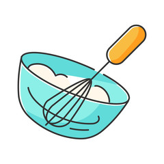 Whipping RGB color icon. Whipped cream preparation process, delicious dairy product. Sweet creamy dessert cooking. Bowl and whisk isolated vector illustration