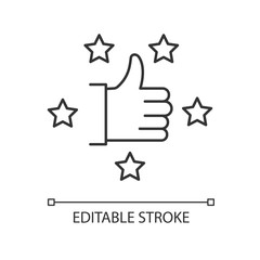 Recommendation pixel perfect linear icon. Thumbs up. Review rate. Customer satisfaction level. Thin line customizable illustration. Contour symbol. Vector isolated outline drawing. Editable stroke