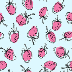 Hand drawn strawberry seamless vector pattern. Pink berries on the blue background