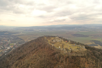 Fototapeta na wymiar Aerial view of castle in Velky Saris city in Slovakia