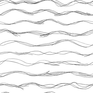 Absreact hand drawn waves seamless pattern. Black scketch lines on a white background. Perfect for textile or paper print.