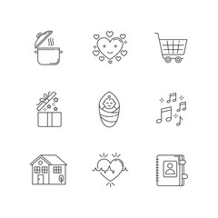 Fototapeta premium Lifestyle pixel perfect linear icons set. Cooking recipe. Loving heart. Online purchase. Music sound. Customizable thin line contour symbols. Isolated vector outline illustrations. Editable strokes