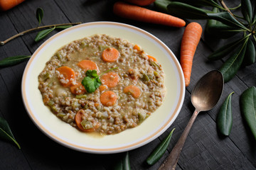Plate of cooked lentils with carrot