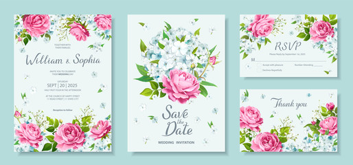 Wedding invitation card template. Floral design with blooming flowers of lovely pink roses, light Phloxes, tender white Gypsophila, buds and greenery. Vector illustration