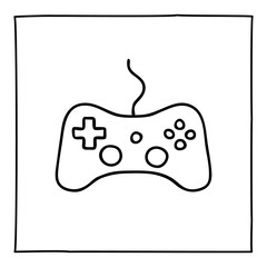 Doodle video game controller icon or logo, hand drawn with thin black line.