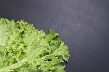 Green lettuce leaves. Vegetables on a black textured background.