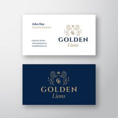 Golden Lions Abstract Vector Logo and Business Card Template. Hand Drawn Lion Sillhouettes with Classy Retro Typography. Vintage Heraldry Crest or Emblem. Premium Stationary Realistic Mock Up.