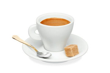 White cup of espresso with a saucer, sugar and a spoon isolated on a white background.