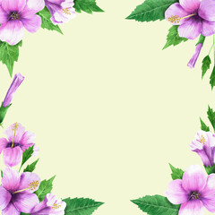 Tropical flowers frame. Hand drawn watercolor hibisco flowers isolated on white background.
