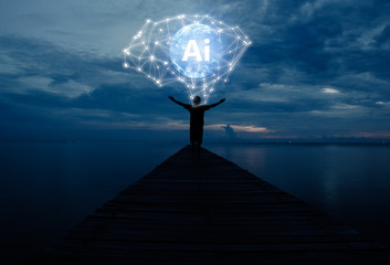 Abstract science, circle global artificial intelligence network connection in hands on night sky...