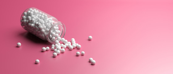 Glass container and homeopathic pills on pink background. 3d illustration
