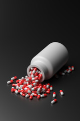 Red capsules spread out of a bottle, black color background. 3d illustration