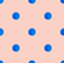 Hand-drawn watercolor seamless pattern in peas. Blue circles on pink background. Symmetry. The illustration is suitable for fabric and packaging.