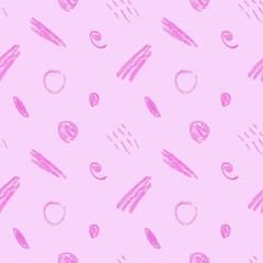Hand-drawn seamless pattern drawn with wax crayons. Pink shapes, spots and lines on a pale pink background.