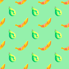 Hand-drawn watercolor seamless pattern. Fruits pears and bananas. Green background.