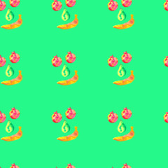 Seamless watercolor pattern. Fruit face. Isolated pomegranate, pear and banana on green background.