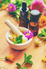 Homeopathy in small jars. Herbal extract. Selective focus. © Milena