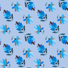 Seamless watercolor raster pattern. Blue flowers on a lilac background.