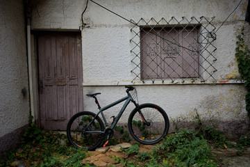 Bicicleta aparcada frente a una casa y en un parque