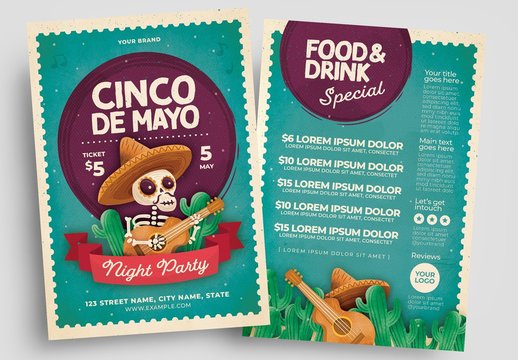Cinco De Mayo Flyer Layouts with Skeleton Wearing Sombrero
