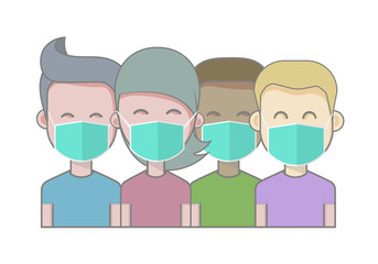 Coronavirus in China. Young People in Green Medical Face Mask. Concept of Coronavirus Quarantine Vector Illustration.