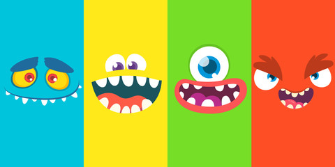 Cartoon monster faces set. Vector collection of four Halloween monster avatars with different face expressions. Halloween design