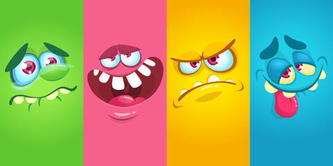 Cartoon monster faces set. Vector collection of four Halloween monster avatars with different face expressions. Halloween design