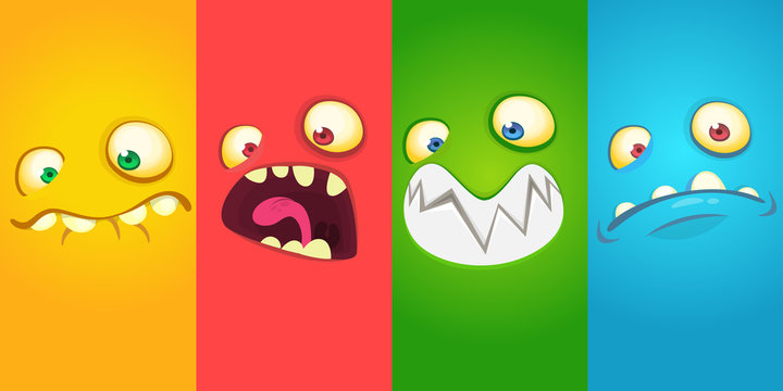 Cartoon monster faces set. Vector collection of four Halloween monster avatars with different face expressions. Halloween design