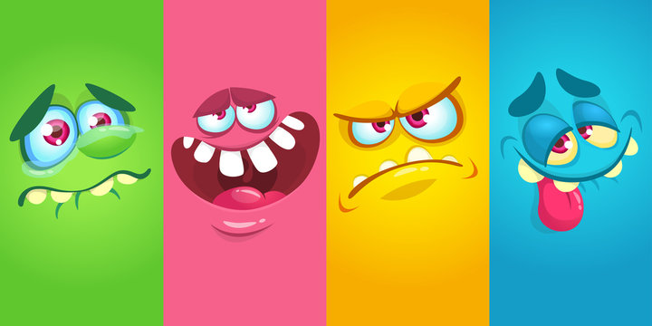 Cartoon monster faces set. Vector collection of four Halloween monster avatars with different face expressions. Halloween design