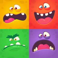 Cartoon monster faces set. Vector collection of four Halloween monster avatars with different face expressions. Halloween design