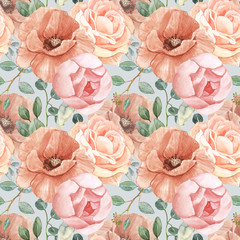 Mooi naakt bloemen naadloos patroon. Aquarel neutrale bloemen op pastel grijze achtergrond. All-over bloemen botanische print voor textiel, design. Handgeschilderde klaproos, roos, pioenroos, salie groene eucalyptus