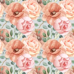 Keuken foto achterwand Rozen Mooi naakt bloemen naadloos patroon. Aquarel neutrale bloemen op pastel grijze achtergrond. All-over bloemen botanische print voor textiel, design. Handgeschilderde klaproos, roos, pioenroos, salie groene eucalyptus