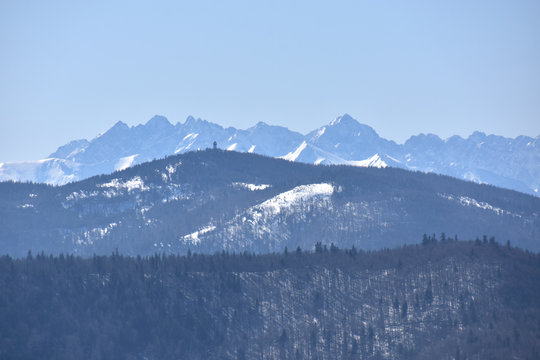 Widok z Mogielicy na wieżę widokową na Gorcu - w tle Tatry Wysokie