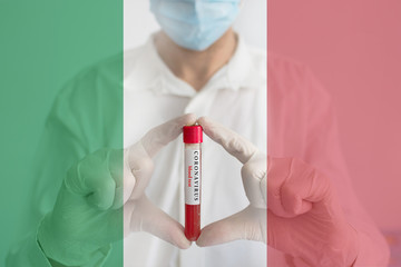 Coronavirus conceptual photo with doctor wearing a medical face mask and gloves, holding a blood test result for the COVID-19 pandemic and national flag of Italy, blurred background