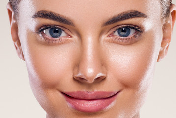 Eyes lips nose woman perfect healthy skin macro headshot beauty clean skin - obrazy, fototapety, plakaty