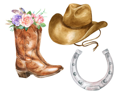 Watercolor illustration with cowboy boots hat and horseshoe.  Stock-illustrasjon | Adobe Stock