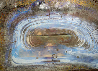 Abstract pattern on deteriorated window of old abandoned truck.