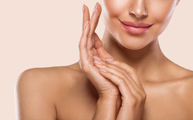 Obraz na płótnie Canvas Woman lips face neck hands fingers beauty concept healthy skin