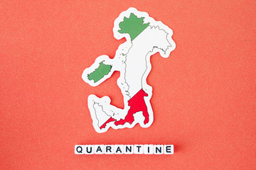 Map of Italy and word quarantine on a red background. Worldwide pandemic concept. Europe