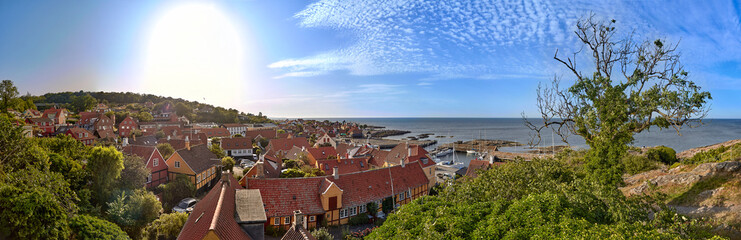 Panoramic view on Gudhjem and Baltic sea, Bornholm island, Denmark