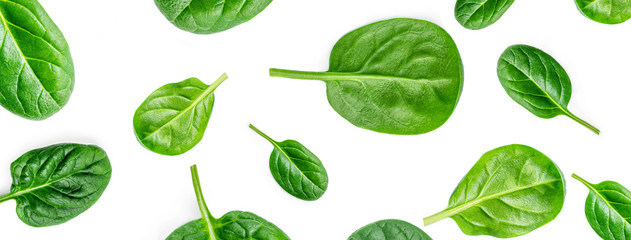 Spinach Pattern. Creative layout made of spinach leaves isolated on white background. Flat lay. Healthy Food concept.