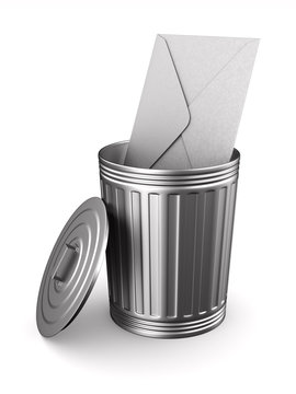 envelope into trash can on white background. Isolated 3D illustration
