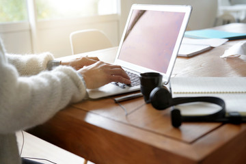 Closeup of woman hands typing on laptop, home-office