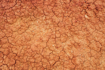 Nature background of cracked dry lands. Natural texture of soil with cracks. Broken clay surface of barren dryland wasteland close-up. Full frame to terrain with arid climate. Lifeless desert on earth