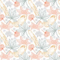 Medicinal plants Seamless pattern. Floral background with Root, Leaves, Berries and Flowers Panax Ginseng. Alternative medicine. Traditional herbal therapy. Vector illustration
