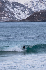Surfing in cold ocean in Lofoten islands. Famous destination for surfers all around the world. Surfing between snowy mountains and arctic beaches. Surfers riding the waves in Norway. 
