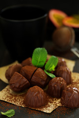 Chocolate Truffles with Passion Fruit Mint Juice. Selective focus