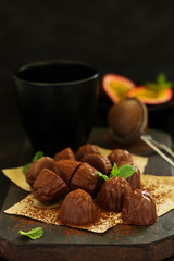 Chocolate Truffles with Passion Fruit Mint Juice. Selective focus