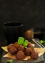 Chocolate Truffles with Passion Fruit Mint Juice. Selective focus